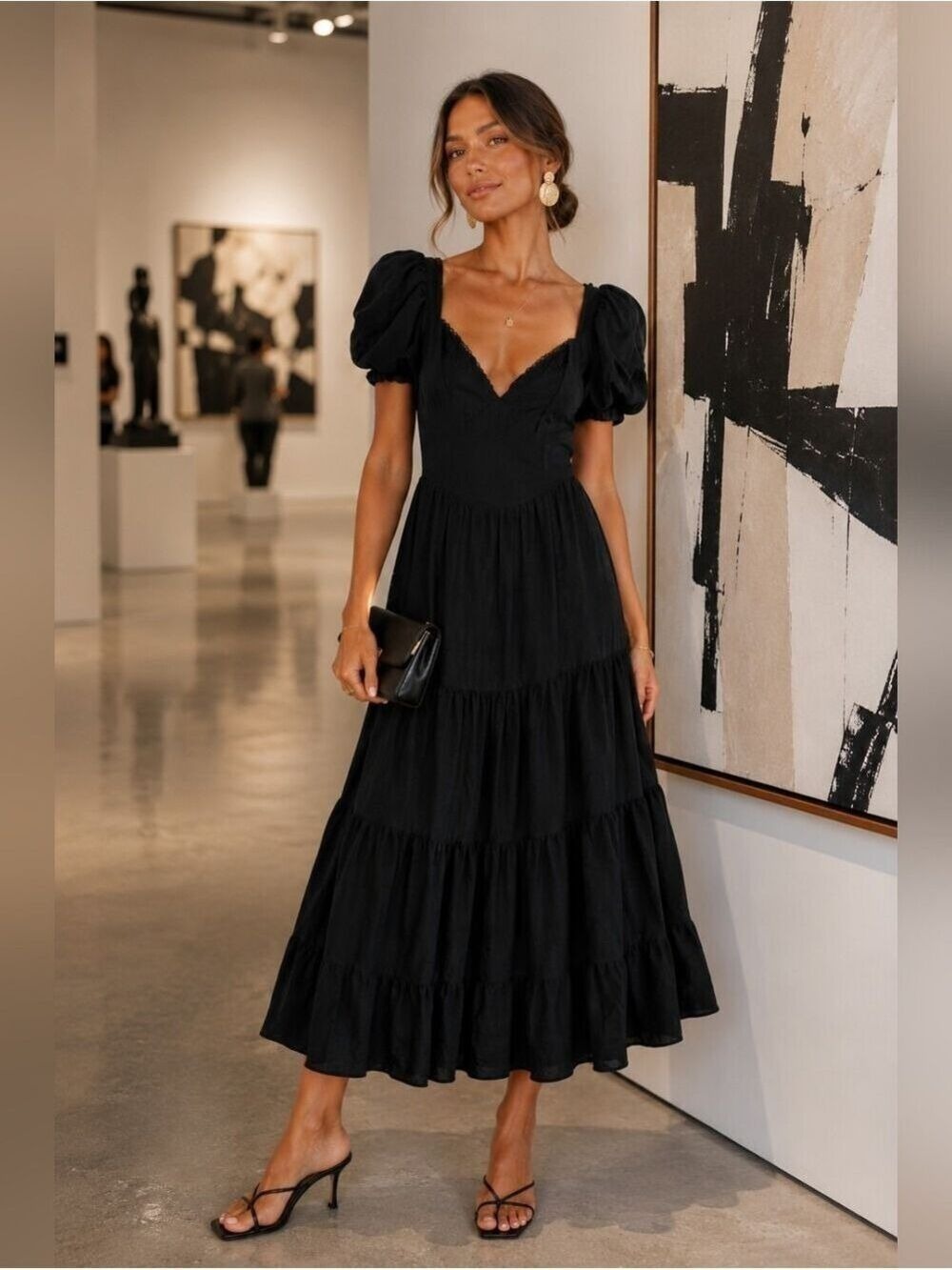Princess Polly Midi Dress Black Puff Sleeve Cottagecore Feminine Romantic Size 4